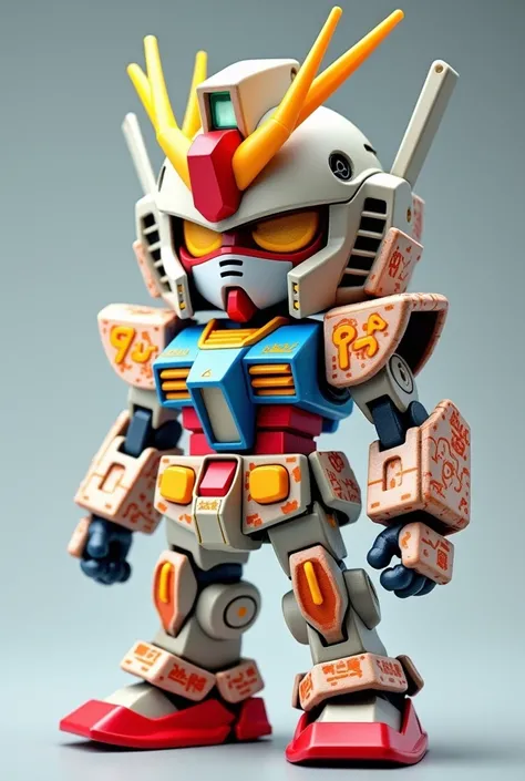 Super realistic, movie-like fusion of Gundam robots with hands and feet in Pockys box of sweets, ( full body), Standing figure up to the feet   　Chibi character  