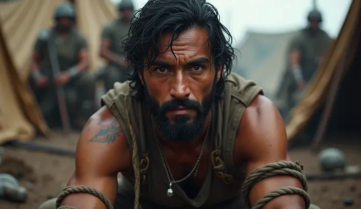 A close-up half-body shot of David, black hair and beard , bound and kneeling, surrounded by enemy soldiers. Despite his captivity, his eyes reflect inner peace and resilience. The background features a rough encampment with tents and weaponry, emphasizing...