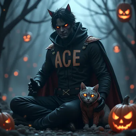 A 3d anime man, dark grey, had a scary costume, cool background, had a cat with a costume, have a jack o lantern, with a name on his costume "Ace" with a big font