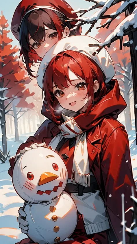  making a snowman in a snowy landscape。((red coat and red skirt :1.5))。 dark blue hair 、 short hair、 jet black brown eyes 、 orange hair ornament 、 Upper Body Closeup 。 wearing a scarf and red hat on a snowman、They are laughing happily.。White snow and trees...