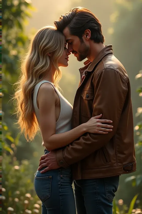 blonde with balayage and 1.70 women and 1.93 brunette leather jacket-wearing man hugging