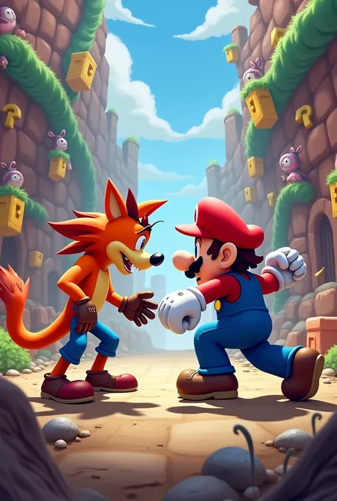 Create the image of Crash Bandicoot fighting with Mario