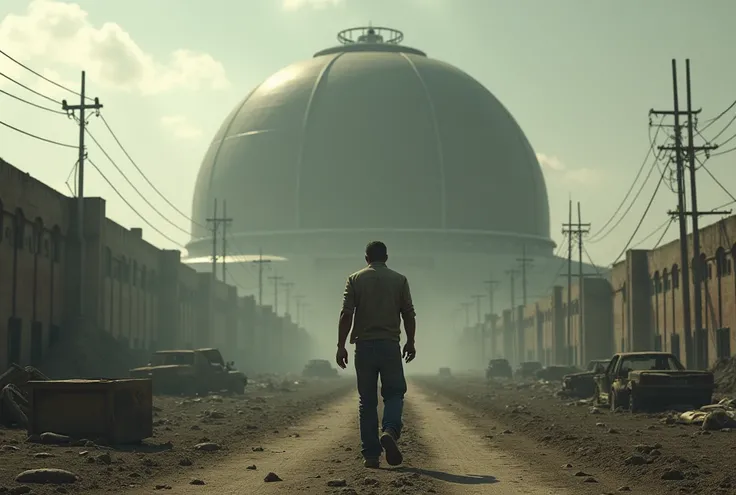 Man walking away from dome ,  in front of the camera movie Walking Dead 