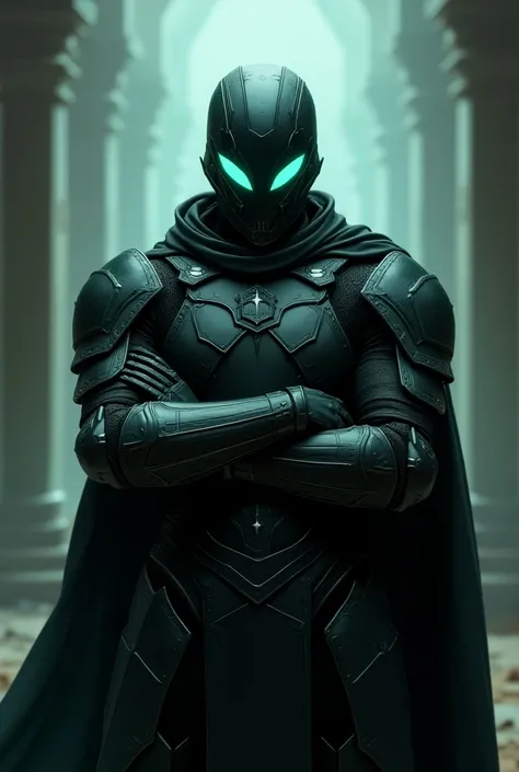 a close up of a knight in black clothes wearing a medieval helmet that looks like the hayabusa helmet from halo 3, no weapons and crossing his arms, more clothes. give him glowing mint colored accents,  concept art inspired by Raymond Swanland, trending on...