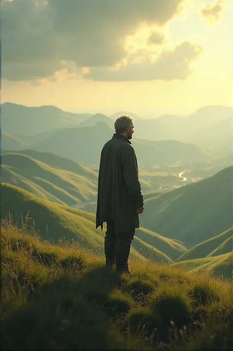 The man stands on top of a hill, looking out into the distance with sunlight shining down.