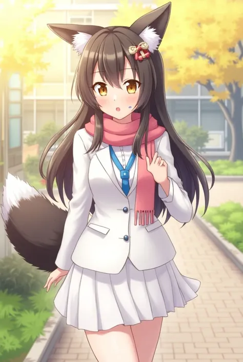 day, summer, dawn, sunshine, school yard, 1girl, fox ears, fox tail, long hair, black hair, hair ornament, gold beautiful eyes, cleveage, huge breast, white skirt. white blazer, scarf, cross neckle, facial marks, happy, Azur Lane, stockings, very attractiv...