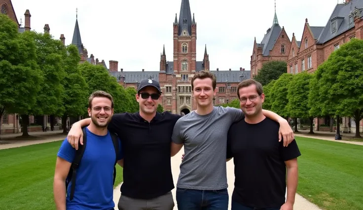 하버드 대학 캠퍼스를 배경으로,  Draw a picture of Mark Zuckerberg and his friends standing shoulder to shoulder and smiling with the Harvard University campus in the background