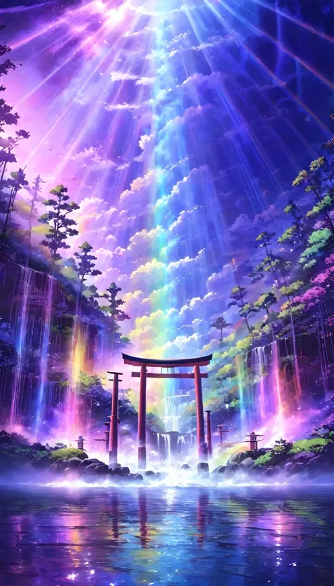 rainbow色、rainbow、rainbow colored world、sun，dazzling light，light，shine，torii，waterfall，streaks of light，high resolution, high res...