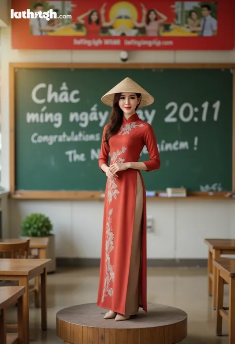 vietnamese ao dai, ao dai non la, lisamy, full body view, standing on the podium, behind is the board, with the words "chúc mừng...