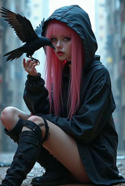 evening, wearing, cyberpunk clothes like a hoodie, girl with a crow on her fingertips, very long rose hair, daring looklicking a piece of candy, a lonely girl sitting with his legs cross

