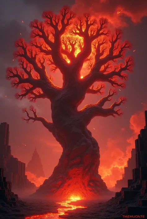 Create a Minecraft Nether Tree ,  whose skin is reddish and whose branches give off fire and not leaves