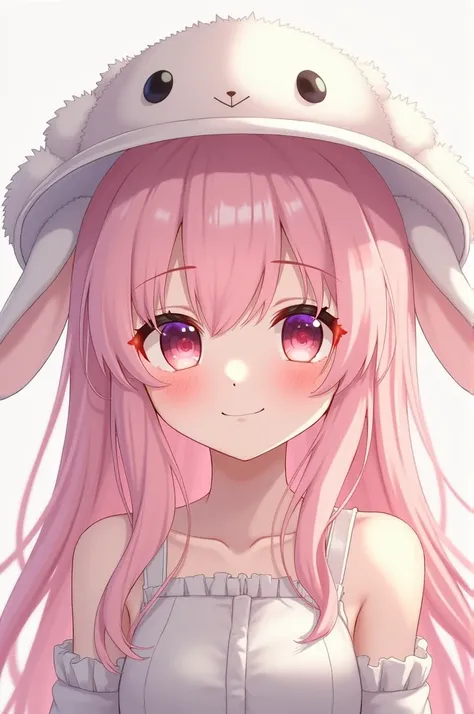 damsel girl with long light pink hair, round bunny hat, small bunny ears, cotton lamb tank top, lovely pink face