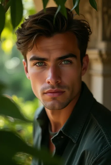 Close up picture of a young guy in the garden of verona. And the his eyes is determined 
