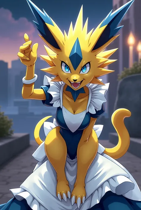 A photorealistic, highly detailed, and beautifully rendered image of a female Pokémon character, Zeraora, wearing a maid outfit, with striking blue eyes, in a sensual and alluring pose.