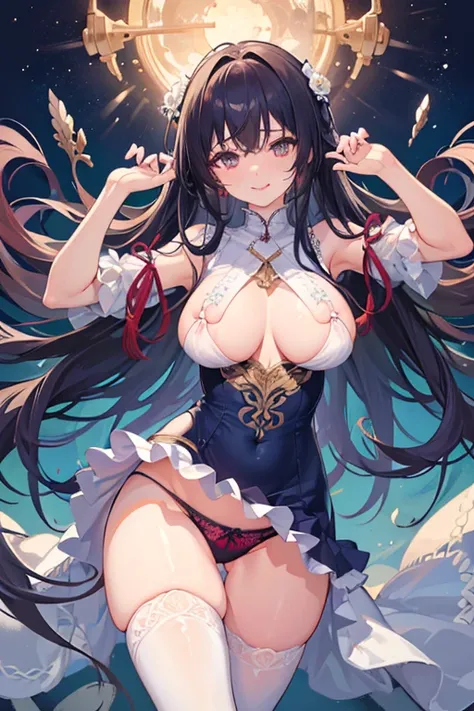 8k、Best Quality 、Maximum clarity 、 very detailed、Beautiful art、 very detailed、 Biologically Correct Body 、 gentle smile touching your head、Maternal、 erotic face looking up at me、Transparent skin 、Skin-tight underwear、 very big breasts、(((In underwear)))、((...