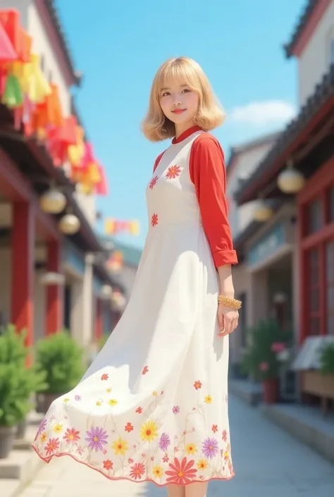 
Beautiful Korean woman with medium hair and soft blonde bangs, wearing a long white dress with small colorful flowers in red, white, yellow, purple, pink with the bottom of the dress wavy and blown by the soft wind, a red shirt with the ends of the sleeve...