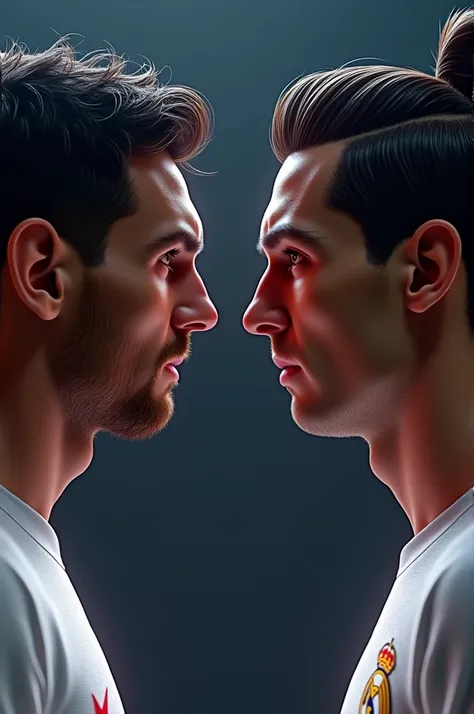 Act as an expert scriptwriter for a 10-second viral video for Tiktok. "The player Messi with the Barcelona shirt and Cristiano Ronaldo with the Real Madrid shirt in 3D. Close images so that the face can be seen well defined." The script should have a clear...