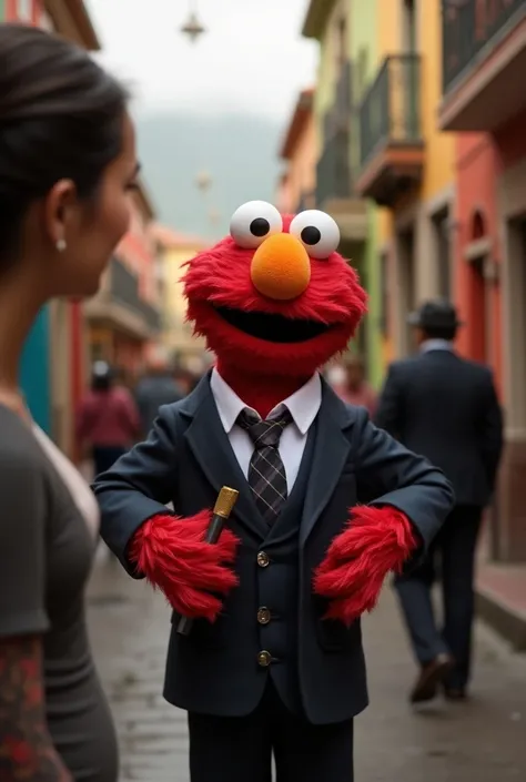 Elmo, The puppet ,  with an elegant suit on and looking like a reporter, interviewing a person on the street in Peru .