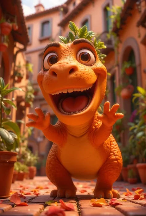 "A stylized 3D character inspired by a playful dinosaur-carrot hybrid, rendered in animation style. The character has a vibrant orange, clay-like texture, with exaggerated cartoon features: a rounded body, short legs, large expressive eyes, and an open mou...