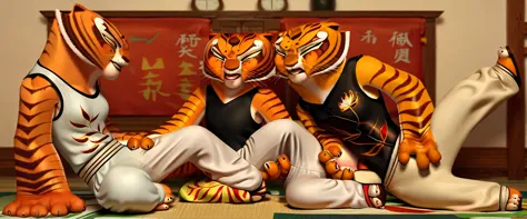 (caucasian ethnicity) masterpiece , 4k,  lyrics, tigress\(kung fu panda\),  2 women and their grandmother , masturbation, ,  bar...