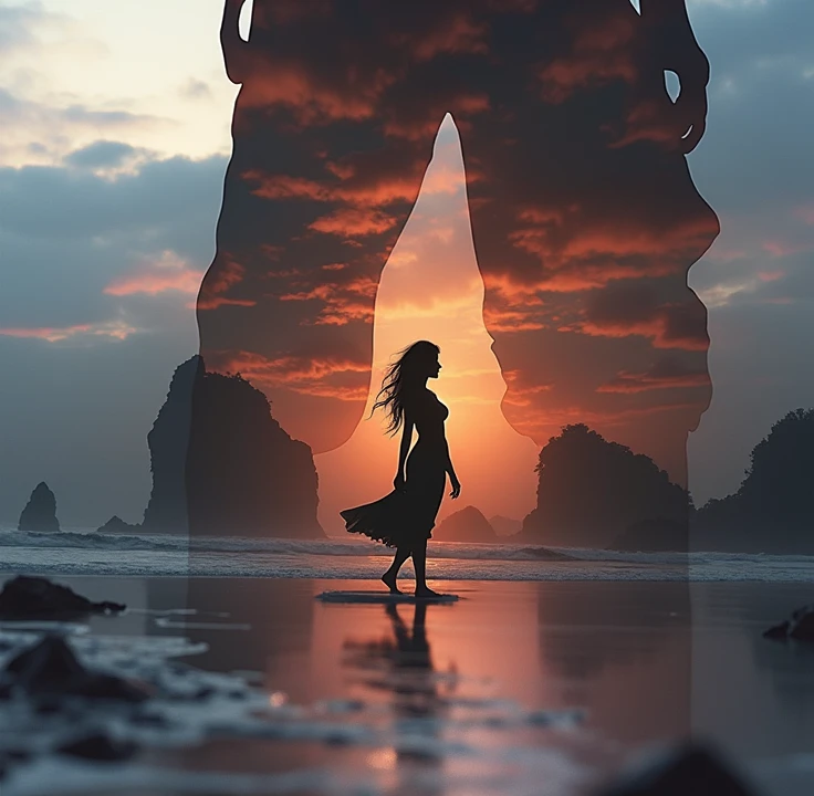 high quality, 8K Ultra HD, A beautiful double exposure that combines an goddess silhouette with sunset coast, sunset coast should serve as the underlying backdrop, with its details incorporated into the goddess , crisp lines, The background is monochrome, ...