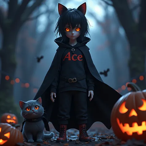 A 3d anime teen, dark grey, had a scary costume, cool background, had a cat with a costume, have a jack o lantern, with a name on his costume "Ace" with a big font