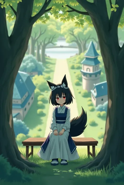  a girl) with wolf ears and tail,  black hair ,  short hair , crimson red eyes ,rounded face, eating right side ,right angle ,  watching the spectator , sitting on a bench,from above,(Distance close to ),  under a cherry tree out of sight only its branches...