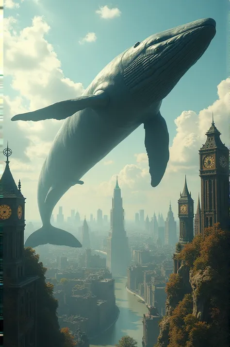 "A floating whale soaring above a cityscape, with clocks and fragmented landscapes merging in a surreal fusion of time and space."

