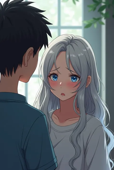 A beautiful girl with long wavy silver hair and blue eyes. Her skin is white. A boy is harassing her and she is embarrassed
