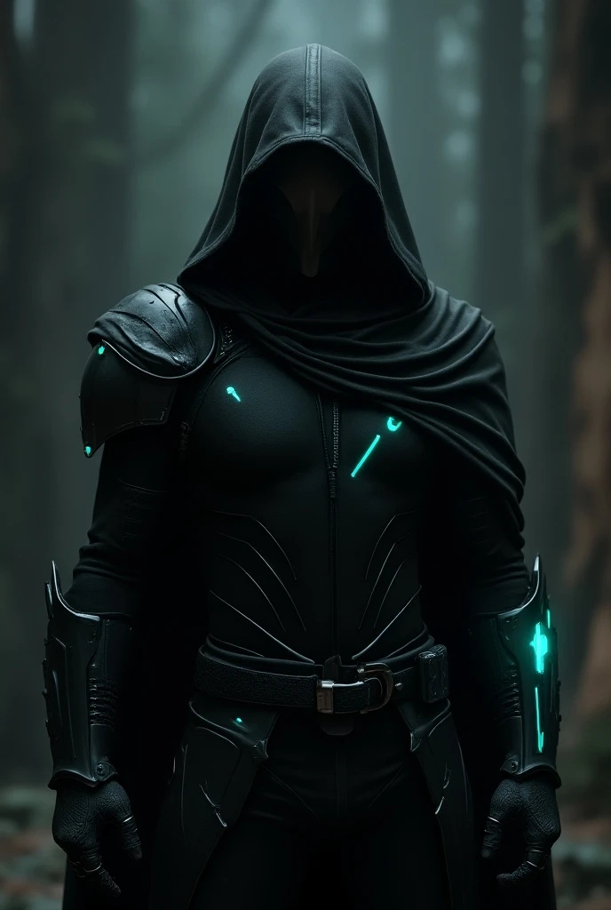 a close up of a Echo knight in black clothes wearing a knight helmet with a hood over it, no weapons and crossing his arms, more clothes. give him glowing mint colored accents,  concept art inspired by Raymond Swanland, trending on Artstation, fantasy art,...