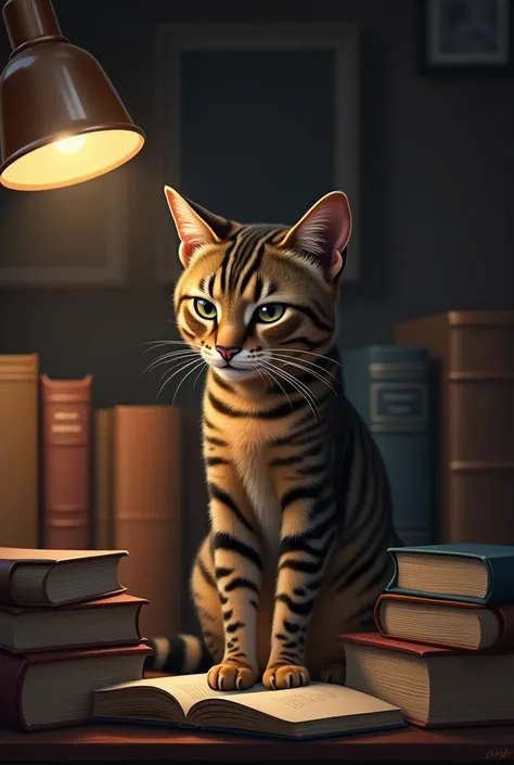 A sad cat, Next to several books 