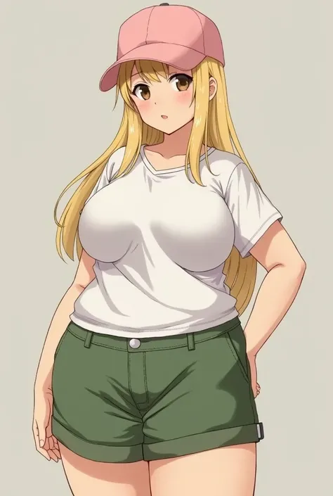  Pale skinned anime girl ,  blonde hair and has a pink cap, brown eyes and pretty face , She is tall and thick ,  has big breasts and a wide waist ,  wears a white shirt and green shorts 