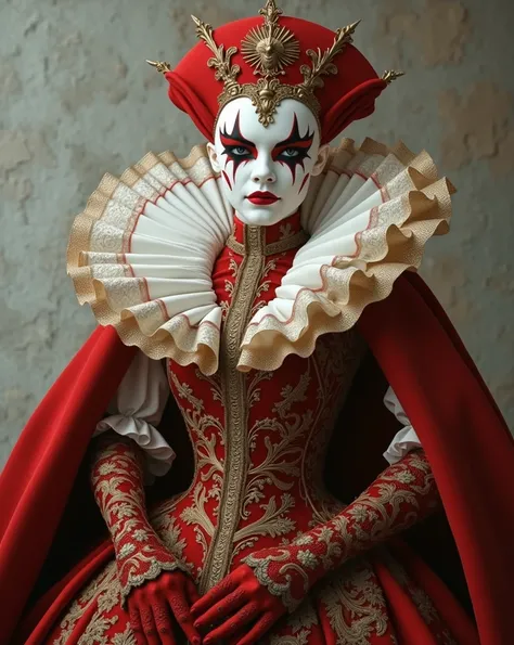 Create an image of a majestic, fantasy-inspired queen wearing an elaborate red and white gown with intricate golden embroidery and lace details. She has a dramatic, high, ruffled collar and a regal, mask-like face with striking makeup featuring bold red an...