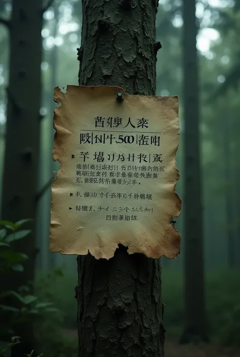 A worn-out, old paper sign nailed to a tree in the dense forest, with faded text in Japanese warning about the increasing number of disappearances in the area. The paper looks weathered, with torn edges, giving a sense of urgency and mystery, as though it ...