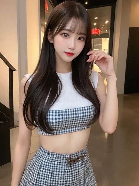 Full body:1.9, Highest quality, shape, Very detailed, finely, High resolution, 8k wallpaper, perfect dynamic shape, Beautiful and beautiful eyes, Body up:1.9,Outfits are plaid shirt&flare skirt:1.9,　Straight hair,Small breasts、Natural Color Lip, Bold sexy ...