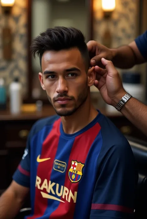 Neymar junior with a Barca jersey and he is cutting a hair in the barber shop with clear shave 