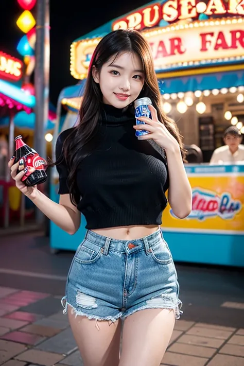 Create a full-length, hyper-realistic image of a super cute, fair-skinned 20-year-old Korean girl standing in the middle of a bustling amusement park. She has a soft, flawless complexion, big, expressive eyes, and a shy smile that captures her youthful cha...