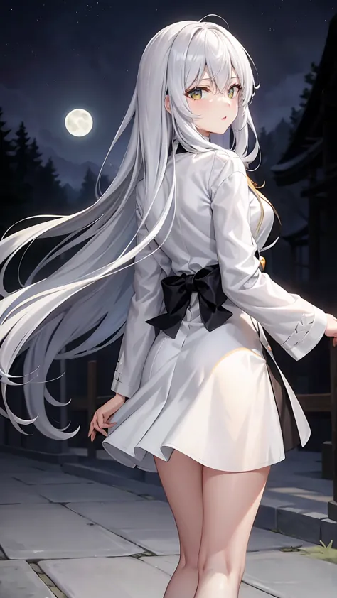 long silver hair 、  tension as the inner color for long hair, yellow eyes , moonlight、 moonlight、、、, full body composition from ...