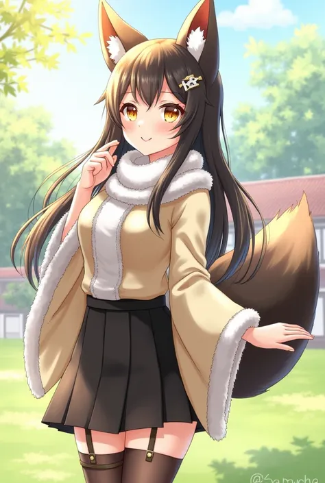 day, summer, dawn, sunshine, school yard, 1girl, fox ears, fox tail, long hair, black hair, hair ornament, gold beautiful eyes, cleveage, huge breast, black skirt. fur trimmed kimono, scarf, cross neckle, facial marks, happy, Azur Lane, stockings, very att...