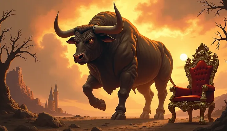 Create an imposing, powerful bull representing the strength and pride of Spain. The creature has the muscular, warrior-like body of a human, but its skin resembles that of a bull — tough, sinewy, and primal. Its head is that of a furious, majestic bull wit...