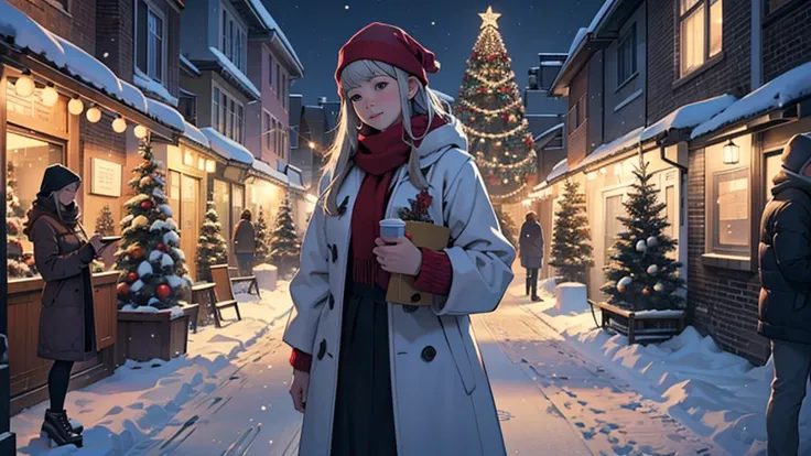 A snowy winter street in the city, snowflakes falling, Christmas decorations, warm lighting, cozy atmosphere, detailed cityscape, 1girl in a warm coat walking, detailed facial features, peaceful, (best quality,4K,8k, highres icon,masterpiece:1.2),ultra-det...