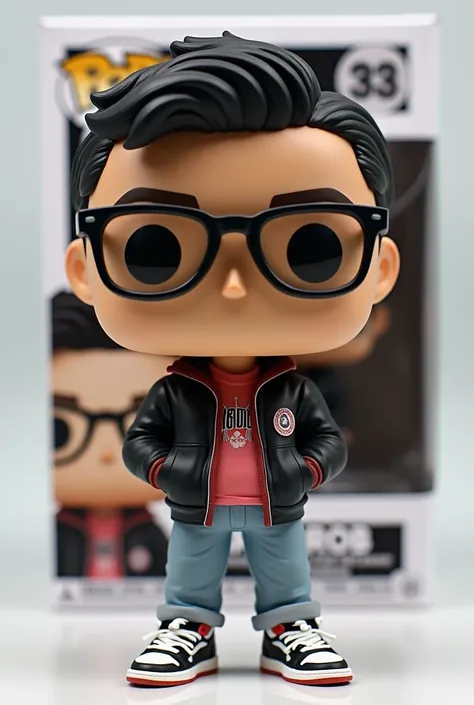 Create a 3D image of a Funko Pop depicting an Asian Filipino in their 30s, wearing glasses, a Hypebeast-style jacket, and Jordan Retro shoes. The Funko Pop should be placed inside its box, labeled Cris Rob, with the box visible at the back. The entire imag...