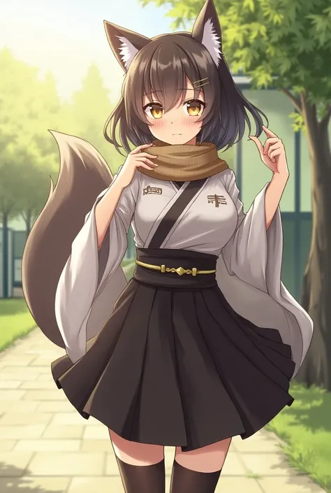 day, summer, dawn, sunshine, school yard, 1girl, fox ears, fox tail, long hair, black hair, hair ornament, gold beautiful eyes, cleveage, huge breast, black skirt.  kimono, scarf, cross neckle, facial marks, Azur Lane, stockings, very attractive, musashi (...