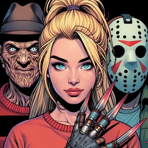 snapchat of a blonde young woman with a Freddy Kruegers glove, and jason voorhees, front view, femme fatale, ponytail,  in a dark background, in comic style, art by J. Scott Campbell