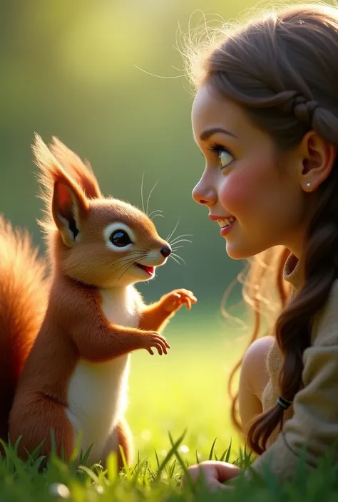 
3. Natty talking to Emma

Description: The squirrel raises its little paw and talks, Emma looks at it in surprise.
