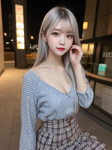 Full body:1.9, Highest quality, shape, Very detailed, finely, High resolution, 8k wallpaper, perfect dynamic shape, Beautiful and beautiful eyes, Body up:1.9,Outfits are plaid shirt&ruffled skirt:1.9,　Straight hair,Small breasts、Natural Color Lip, Bold sex...