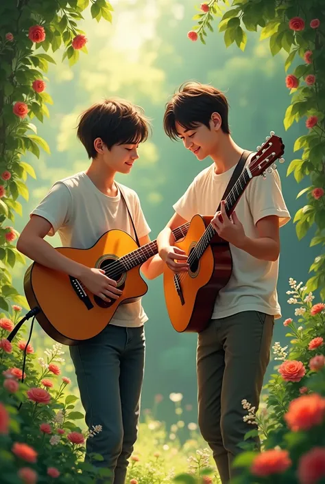 Two boys in the garden who are 20 years old playing only one guitar 