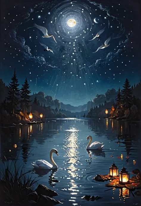 On a quiet lakeside ，The lake surface is messy Floating Lanterns ， There are two swans on the surface of the lake ， The surface of the lake is twinkling stars and reflected Lanterns lights and shadows，Long-range view，Vivid colors, high detail , wallpaper