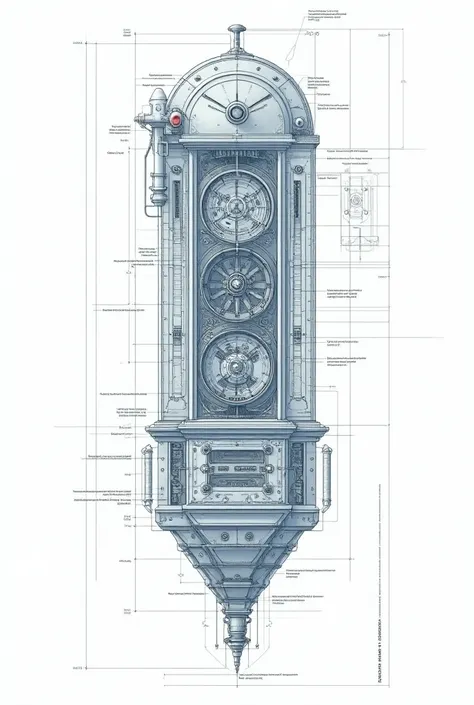 Blueprint of a time machine on a white paper, view to inner machinations and parts