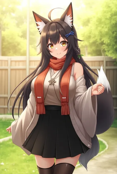 day, summer, dawn, sunshine, school yard, 1girl, fox ears, fox tail, long hair, black hair, hair ornament, gold beautiful eyes, cleveage, huge breast, black skirt.  kimono, scarf, cross neckle, facial marks, Azur Lane, stockings, very attractive, musashi (...